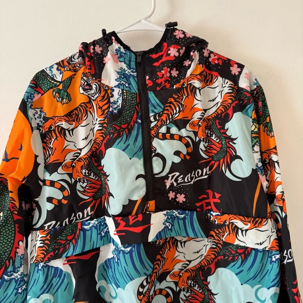 Reason Clothing Kanji Japan Print Dragon Half-Zip Anorak Hoodie Jacket Sz Medium